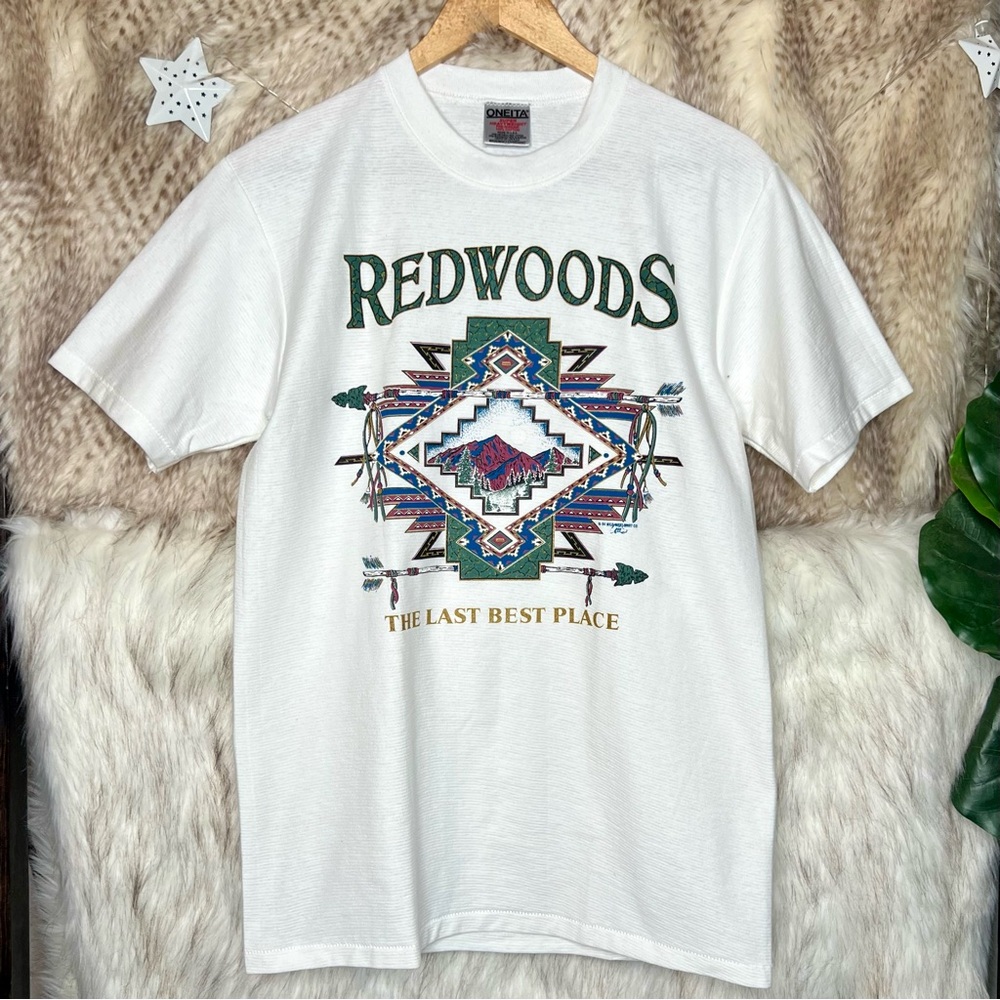 Vintage 1994 Oneita Single Stitch Textured Red Woods Graphic T-Shirt